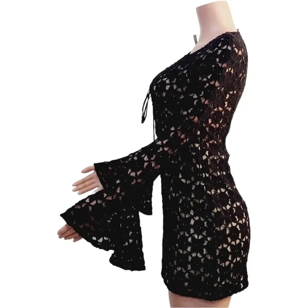 NWOTFree People Back To Black Black Crochet Mini Bell Sleeve Boho Dress Med or 6